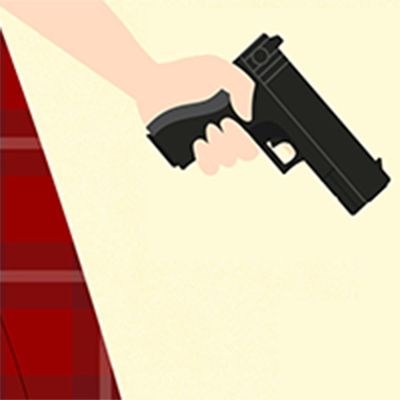 Girl in plaid holding a gun
